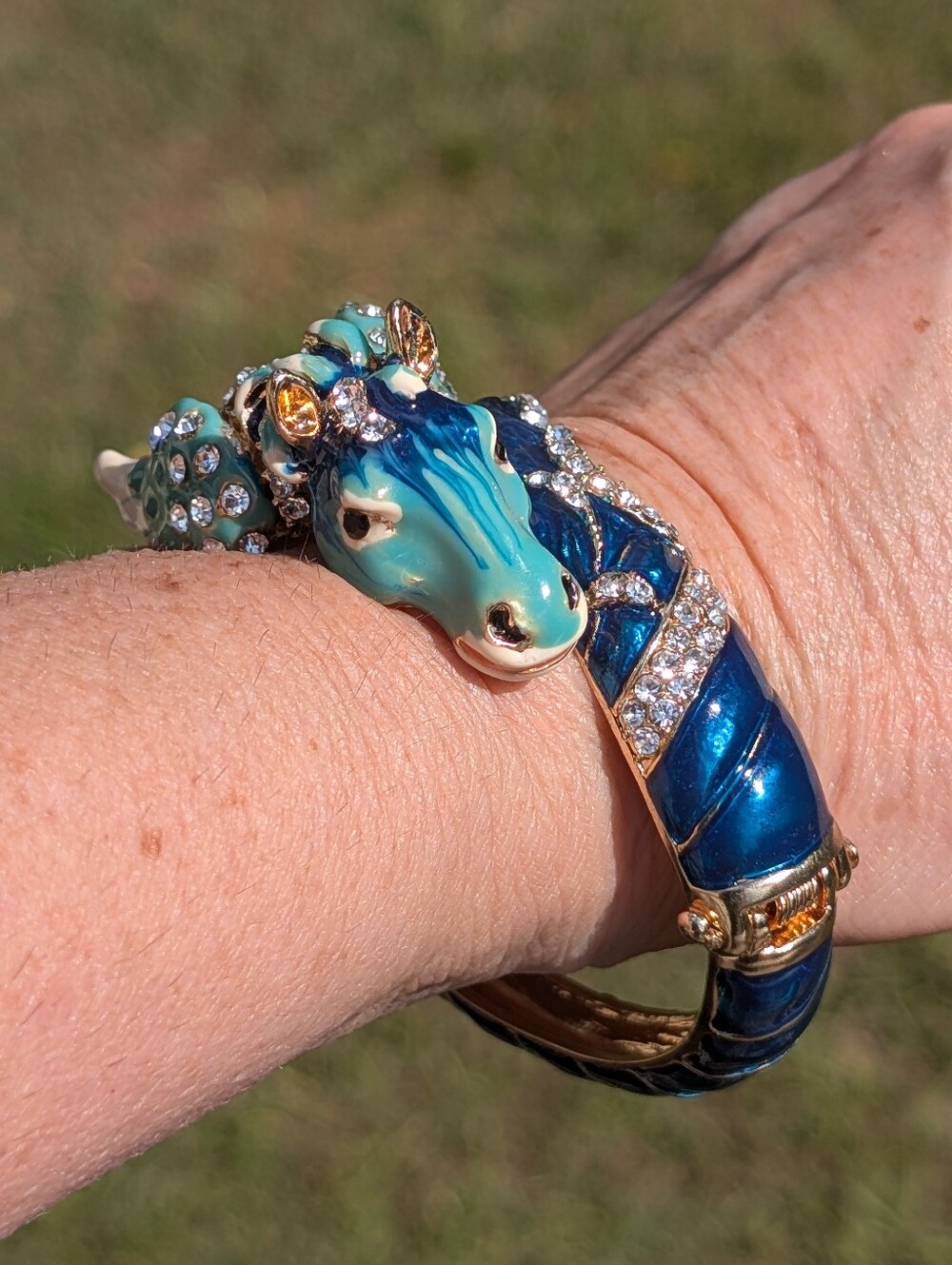 Turquoise Blue Enamel Rhinestone Horse Head Bracelet